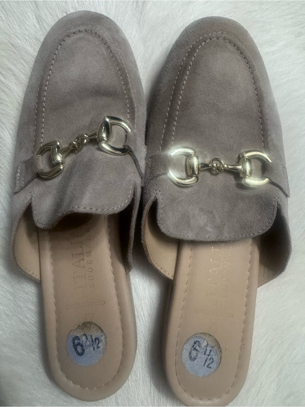 Italian Shoemakers Taupe Suede Horsebit Mules